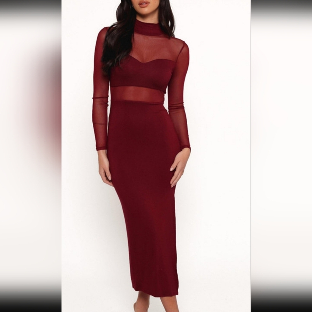 PETAL & PUP NWT FARROW LONG SLEEVE SHEER DRESS MAROON XS